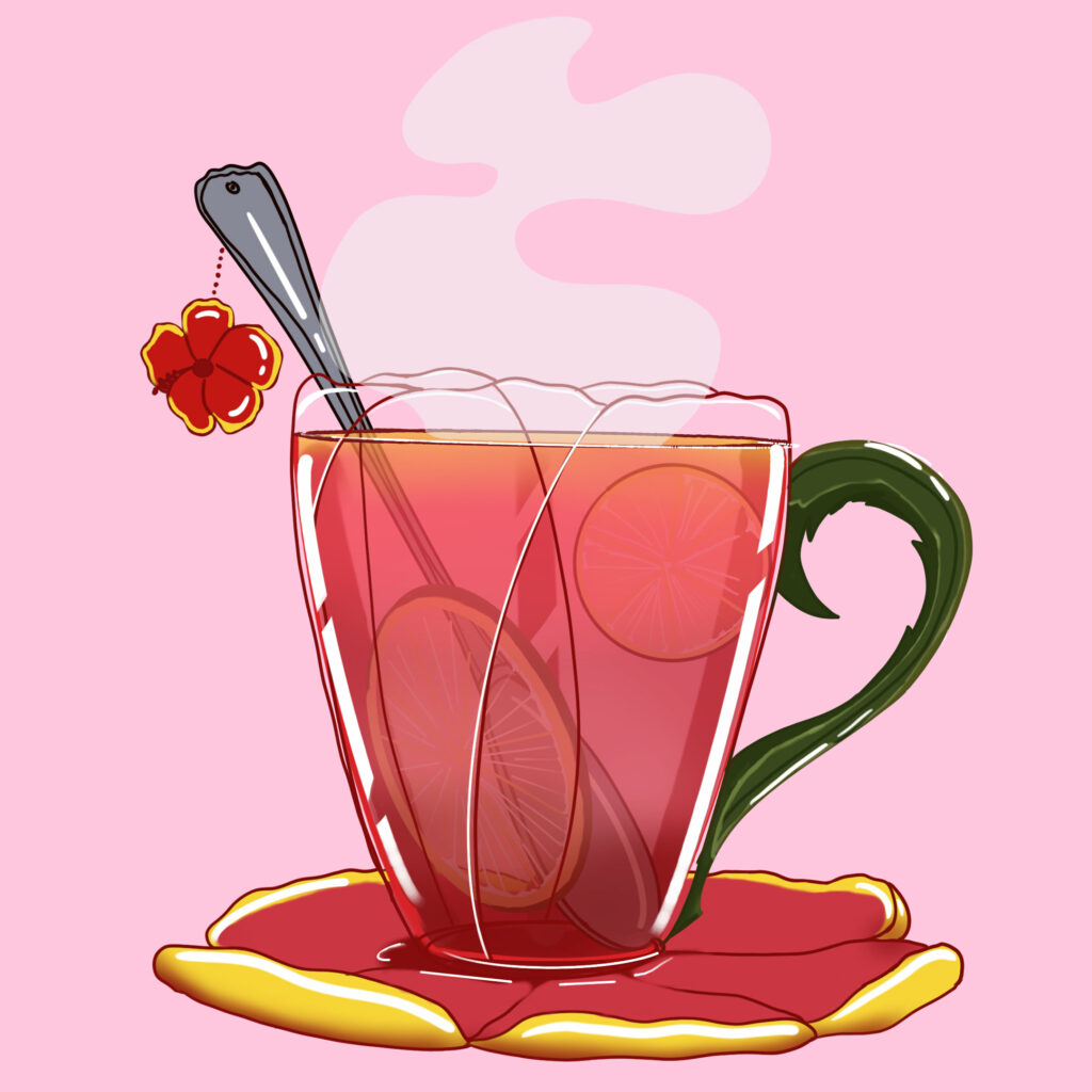 Image fixe d'une tasse de thé à l'hisbiscus rouge avec des rondelles de citrons sur fond rose