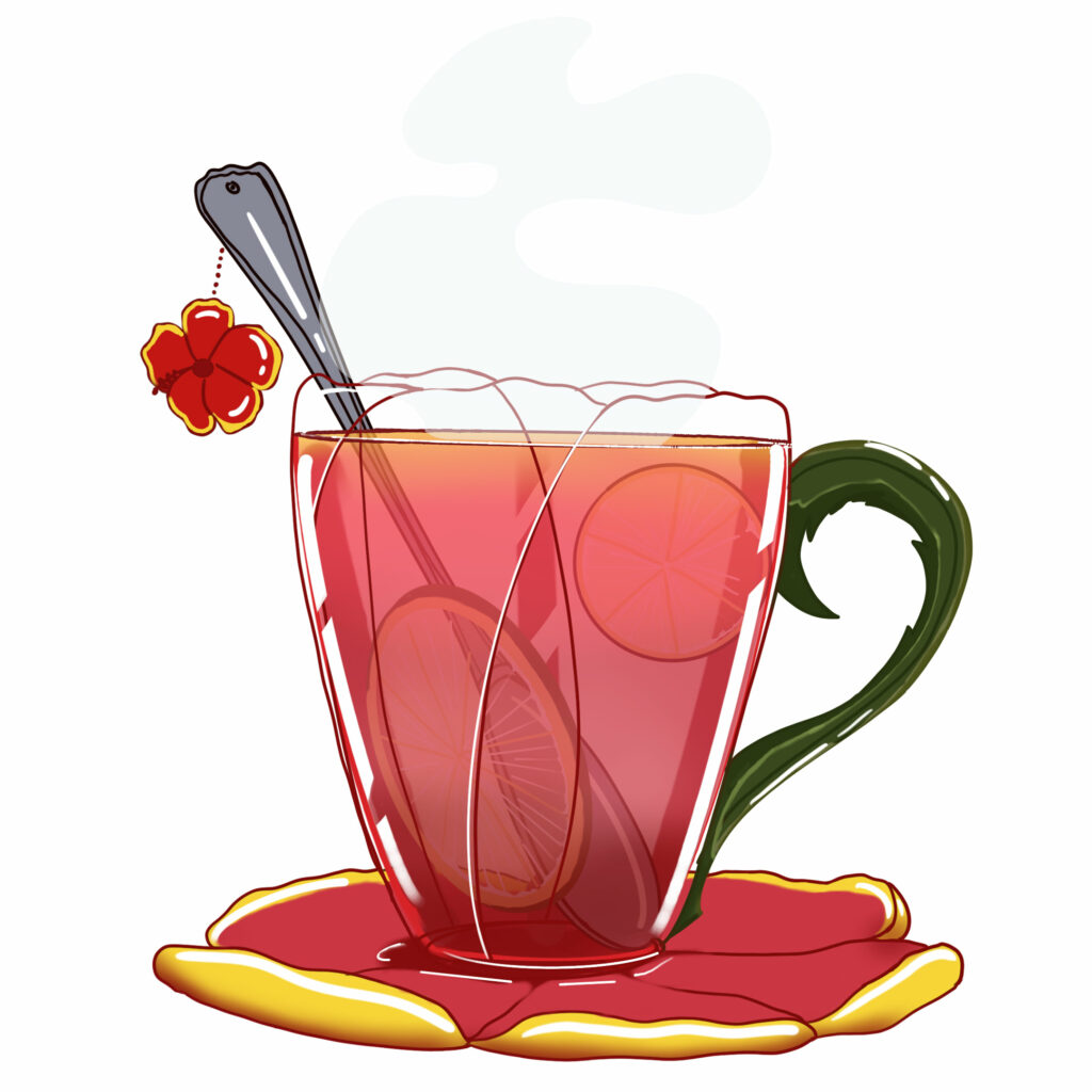 Image fixe d'une tasse de thé à l'hisbiscus rouge avec des rondelles de citrons