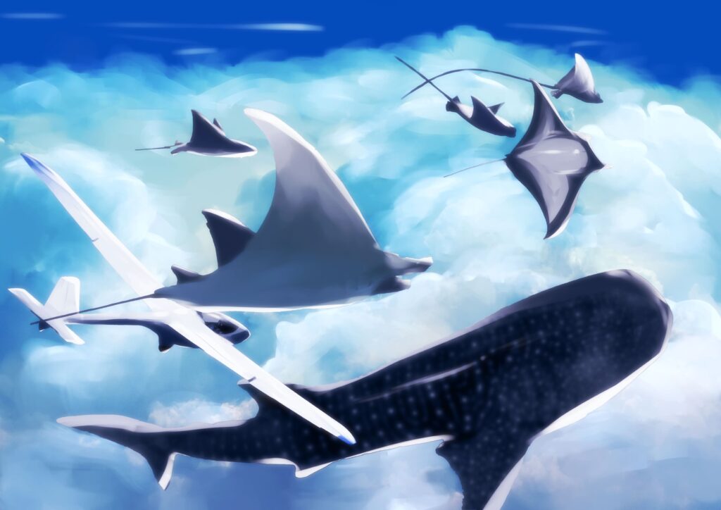 illustration de raies mantas et d'un requin baleine dans dans le ciel. Un petit avion les accompagne.